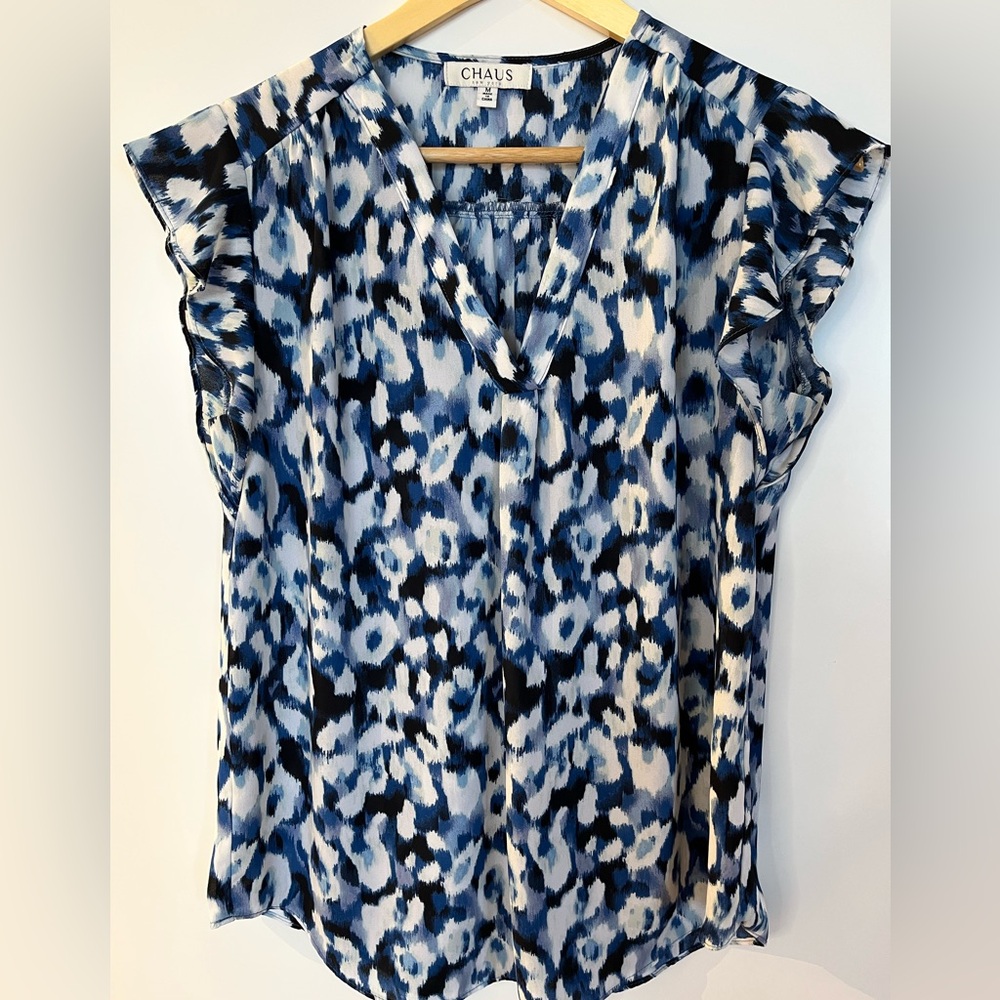 Blue Abstract Semi Sheer Blouse | Chaus | Ruffle Sleeve V-Neck Top | Size M